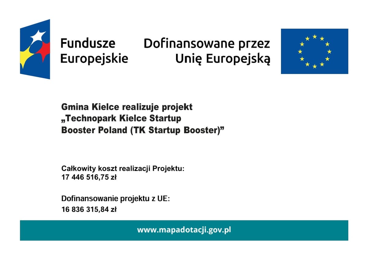 Fundusze Europejskie – Dofinansowane przez Unię Europejską. Gmina Kielce realizuje projekt Technopark Kielce Startup Booster Poland.